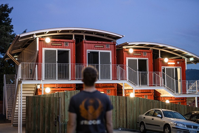 In 2020, Royal Wolf installed 18 converted shipping container pods at Bethlehem House in Hobart. Photo: Nick Hansen