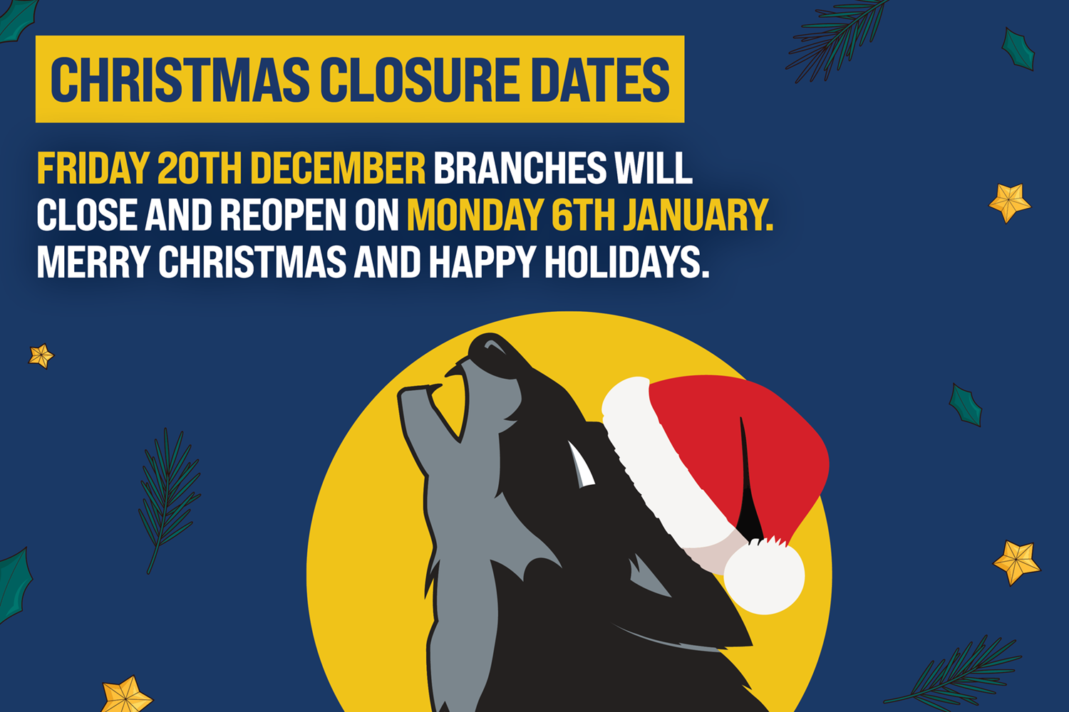 Holiday closing dates: Friday 22nd December 2023. Reopening on 8th January 2024