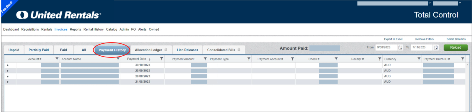 Payment History panel in Total Control dashboard
